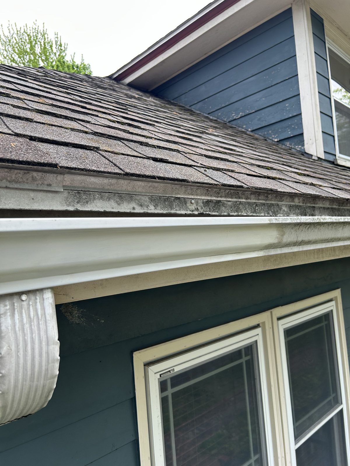 Before — oxidation and staining along the front of the gutter